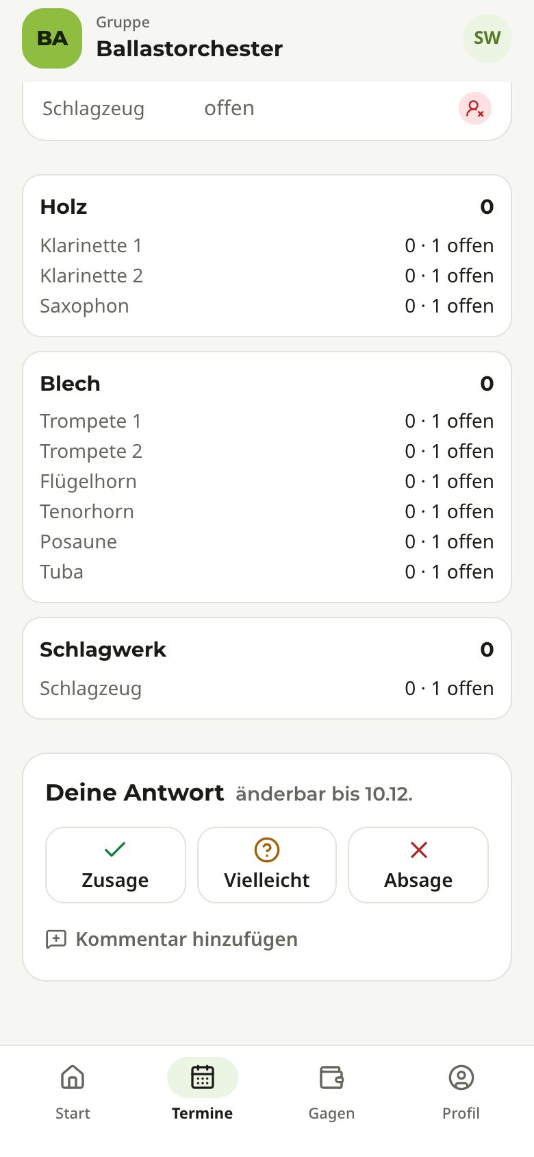 Termin mit Zu- und Absage