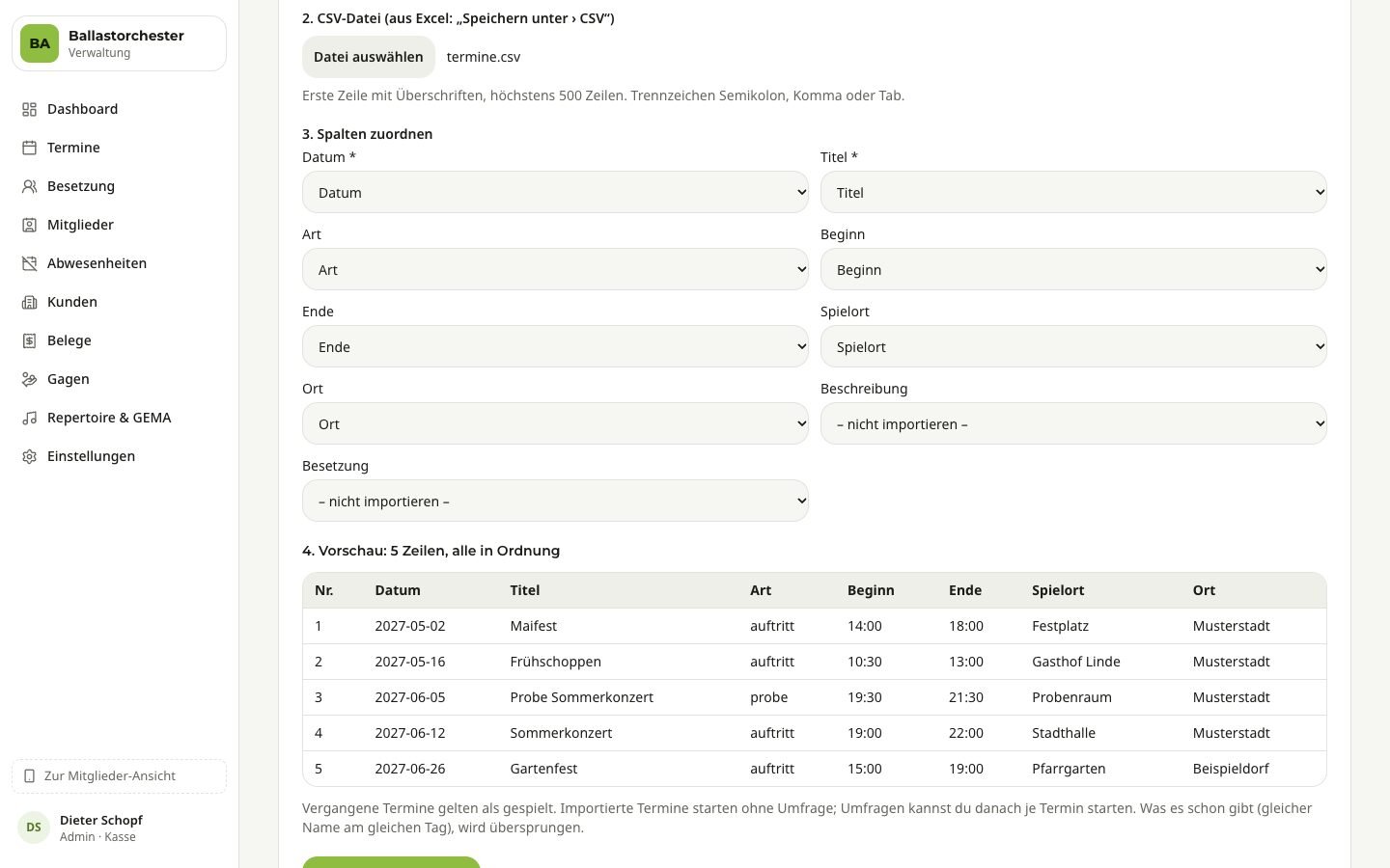 Termine aus einer Tabelle übernehmen